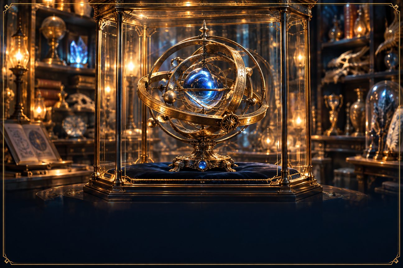 A brass armillary sphere holding a glowing blue orb inside a glass case
