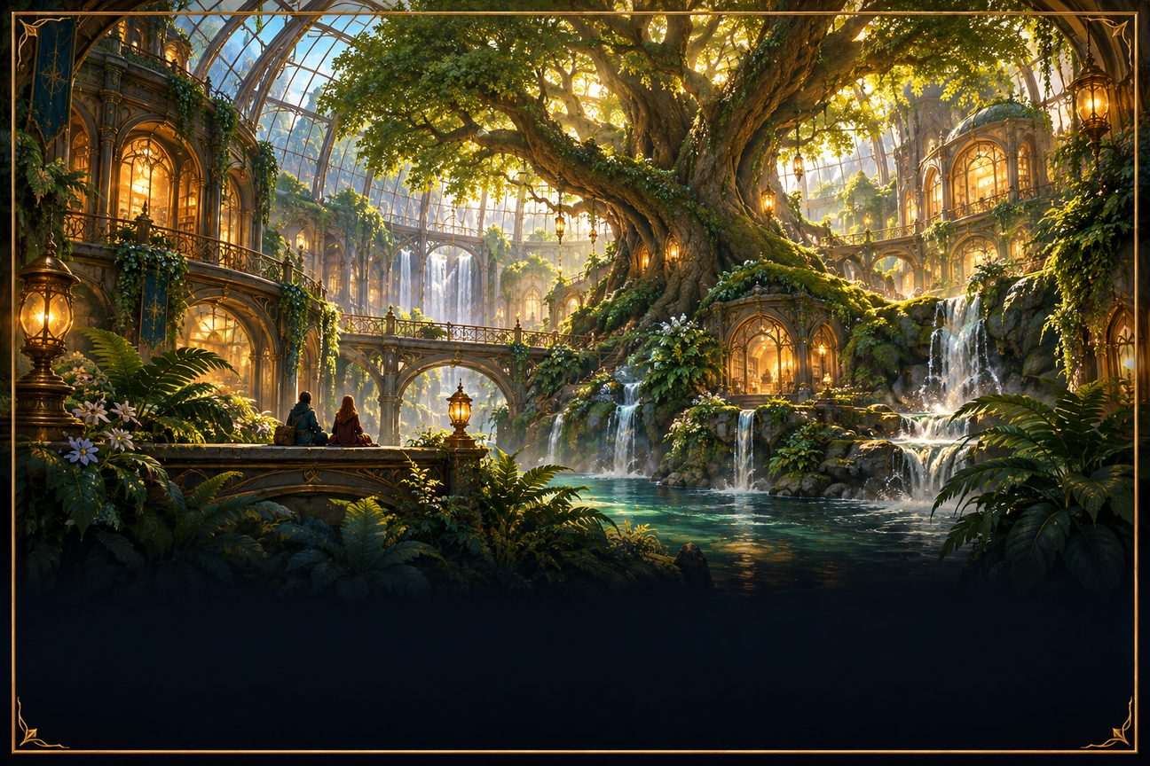 A great tree and waterfalls under a glass dome, with lamplit galleries